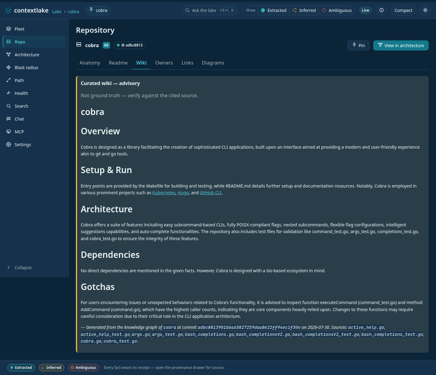 The Wiki tab: a generated page grounded in real symbols, with a provenance footer citing the commit and source files