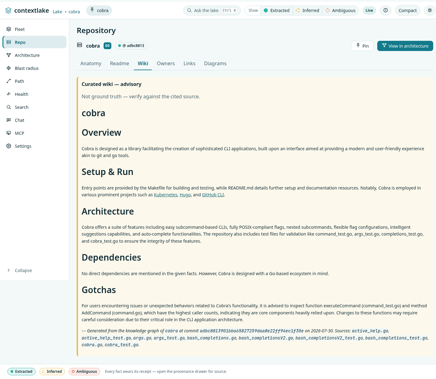 The Wiki tab: a generated page grounded in real symbols, with a provenance footer citing the commit and source files