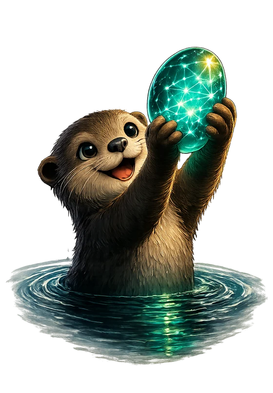 Pebble, the contextlake otter, holding up a glowing stone with obvious pride